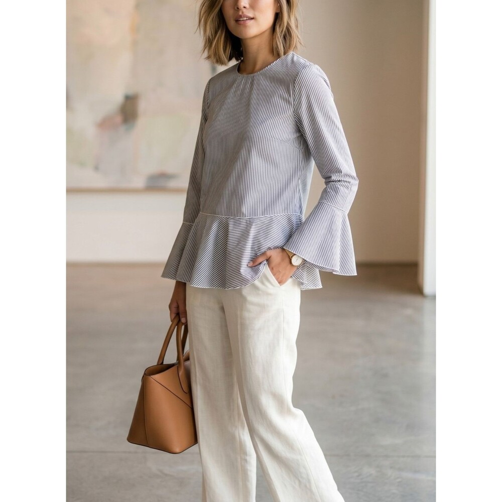 Theory Lexanda Striped Bell-Sleeve Peplum Top Blue/White Cotton NWT‎ Size M $265